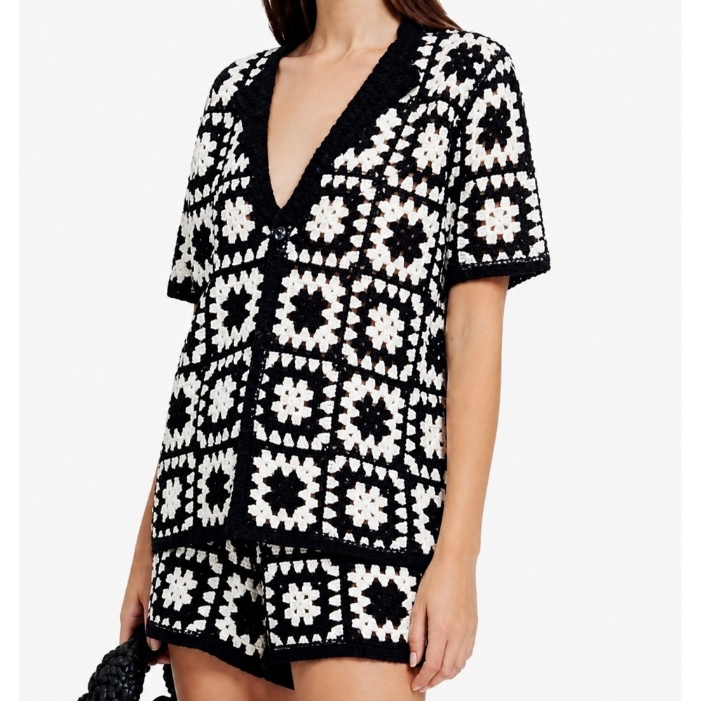 Torn by Ronny Kobo Crochet Granny Square 2 Piece Set Black White Liv Pant Large